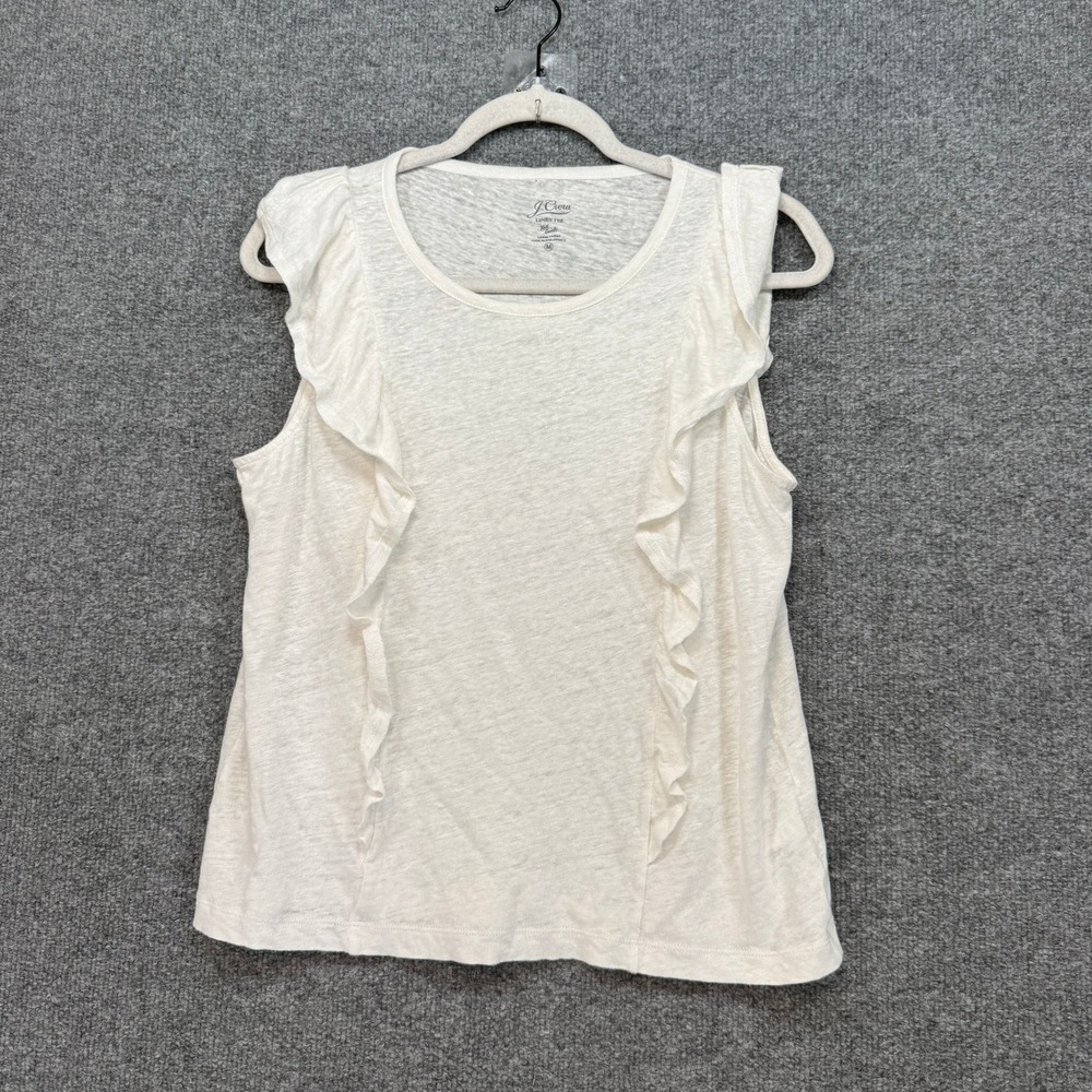 J.Crew Shirt Women Medium White Ruffle Linen Tee Tank Top Sleeveless Tee Boho